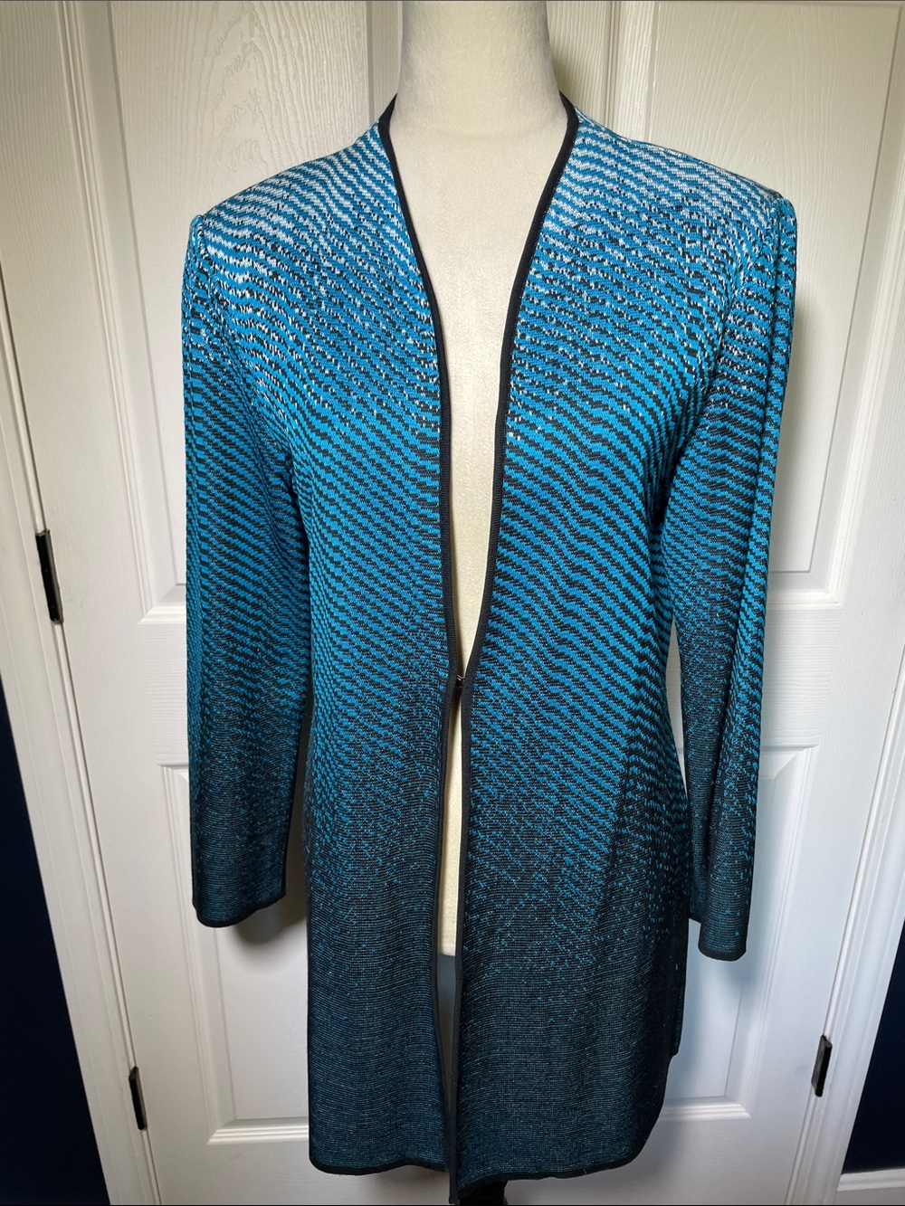 Ming Wang Teal Black Open-Front Knit Long Cardigan Hook Closure Size Medium